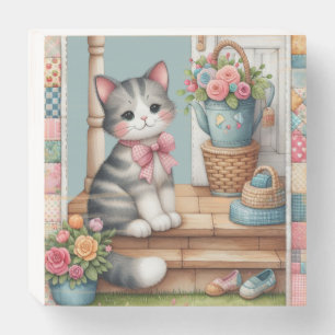 Porch Kitty Floral Patchwork Scene Wooden Box Sign