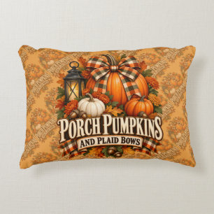 Porch Pumpkins Plaid Bows Autumn Cottagecore Accent Pillow