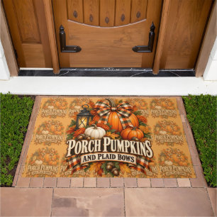 Porch Pumpkins Plaid Bows Autumn Cottagecore Doormat