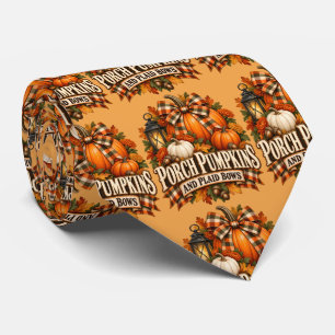 Porch Pumpkins Plaid Bows Autumn Cottagecore Neck Tie