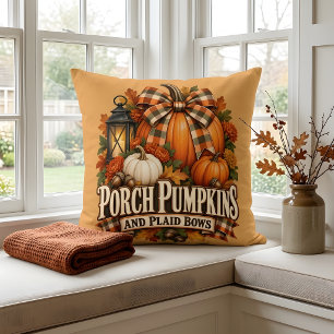 Porch Pumpkins Plaid Bows Autumn Cottagecore Throw Pillow