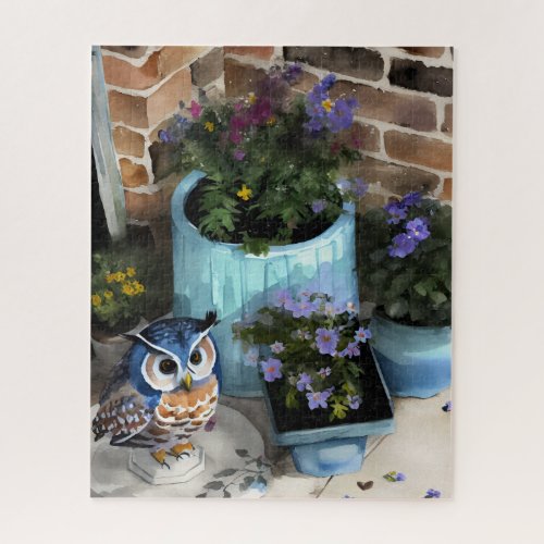 Porch Purple Potted Flowers and Owl  Jigsaw Puzzle