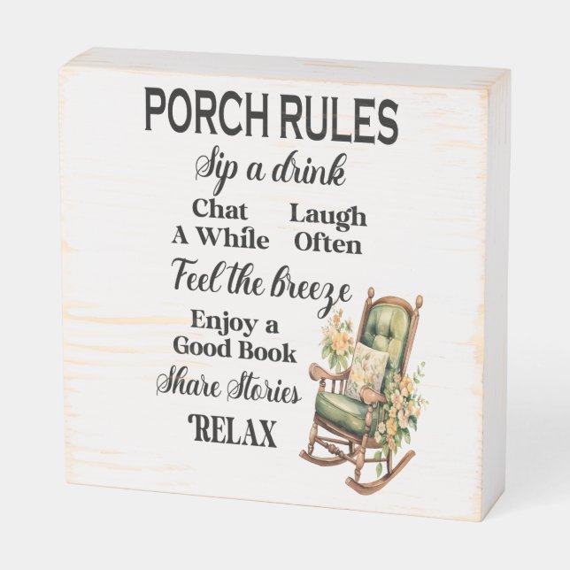 Porch Rules Wood Box Sign (Angled Horizontal)