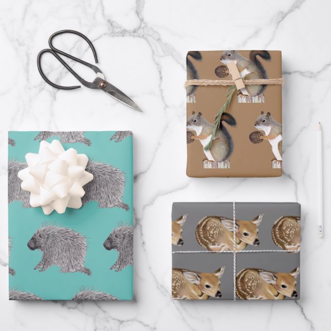 Porcupine, Squirrel and Fawn Wrapping Paper Sheets (Front)
