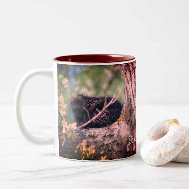 Porcupine Wildlife Nature Personalized Two-Tone Coffee Mug (With Donut)