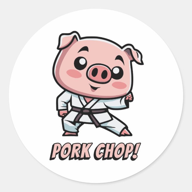 Pork Chop! Cute Cartoon Karate Pig Pun Classic Round Sticker (Front)