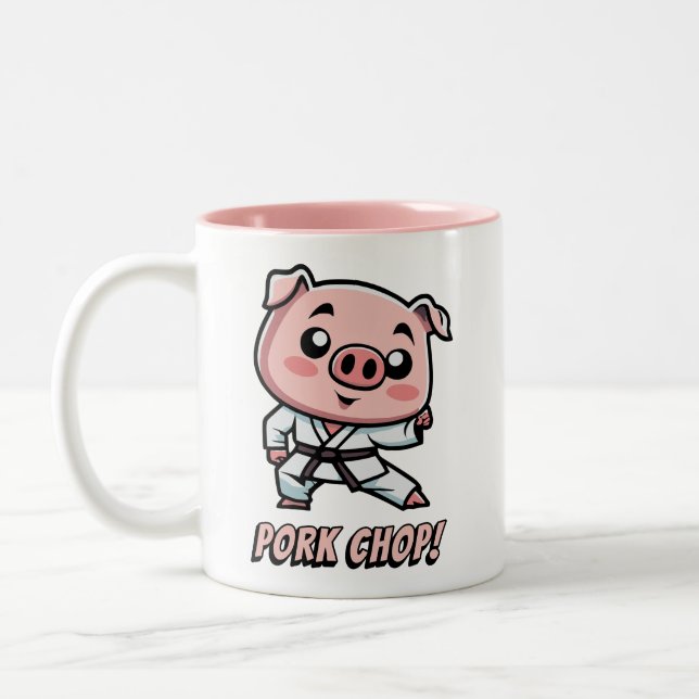 Pork Chop! Cute Cartoon Pig Pun Two-Tone Coffee Mug (Left)