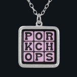 Pork Chops, Pig Meat Silver Plated Necklace<br><div class="desc">Square PORK CHOPS</div>