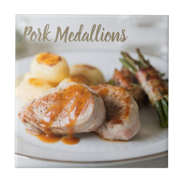 Pork medallions tenderloin with potatoes and beans ceramic tile (Front)