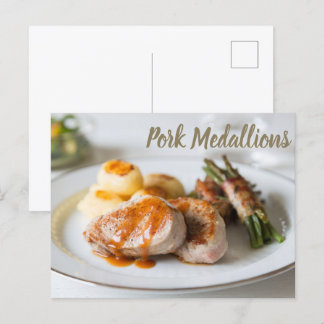 Pork medallions tenderloin with potatoes and beans holiday postcard