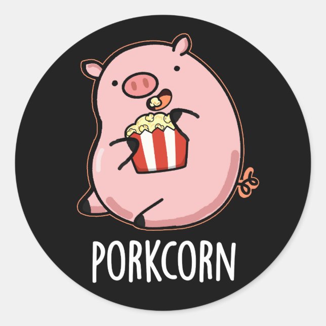 Porkcorn Funny Popcorn Pun Dark BG Classic Round Sticker (Front)