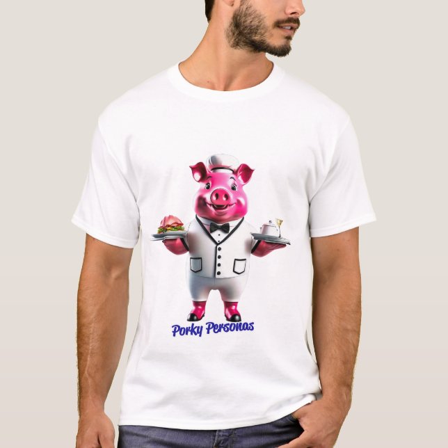 Porky Personas funny Pig characters. Waiter T-Shirt (Front)