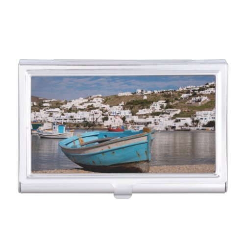 Port and harbor area with Greek fishing boats Business Card Case