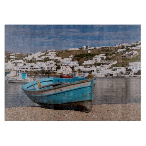 Port and harbor area with Greek fishing boats Cutting Board