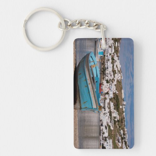 Port and harbor area with Greek fishing boats Keychain