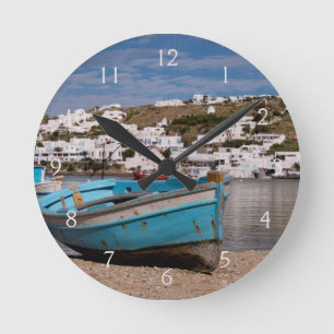 Port and harbor area with Greek fishing boats Round Clock