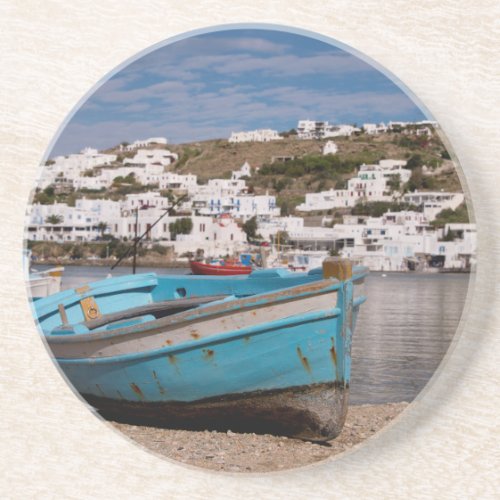 Port and harbor area with Greek fishing boats Sandstone Coaster