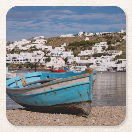 Port and harbor area with Greek fishing boats Square Paper Coaster