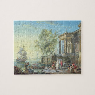 Port Scene with Setting Sun (oil on canvas) Jigsaw Puzzle