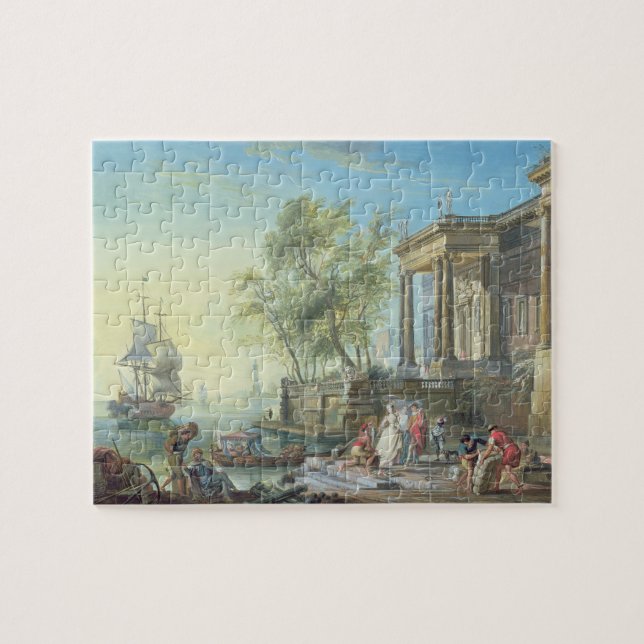 Port Scene with Setting Sun (oil on canvas) Jigsaw Puzzle (Horizontal)
