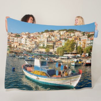 Port With Fishing Boats In Plomari  Lesvos  Greece Fleece Blanket by Kathom_Photo at Zazzle