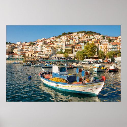 Port with fishing boats in Plomari Lesvos Greece Poster