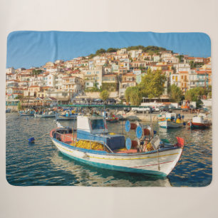 Port with fishing boats in Plomari, Lesvos, Greece Sherpa Blanket