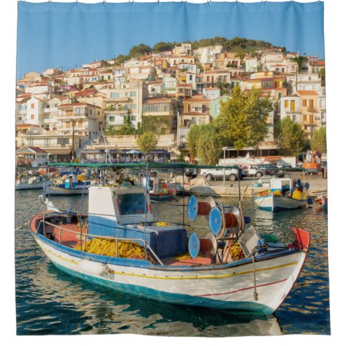 Port with fishing boats in Plomari Lesvos Greece Shower Curtain