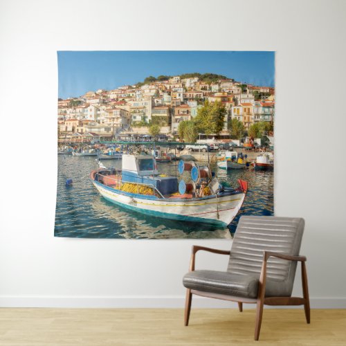 Port with fishing boats in Plomari Lesvos Greece Tapestry