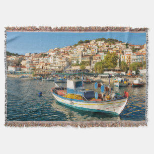 Port with fishing boats in Plomari, Lesvos, Greece Throw Blanket