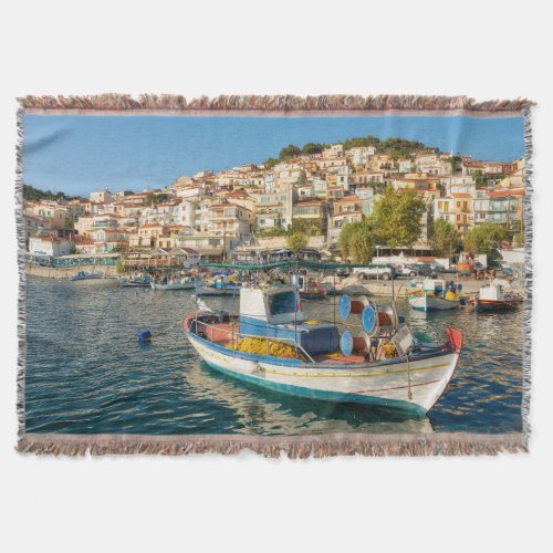 Port with fishing boats in Plomari Lesvos Greece Throw Blanket