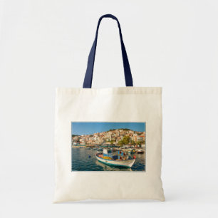 Port with fishing boats in Plomari, Lesvos, Greece Tote Bag