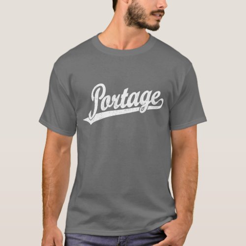 Portage script logo in white distressed T_Shirt