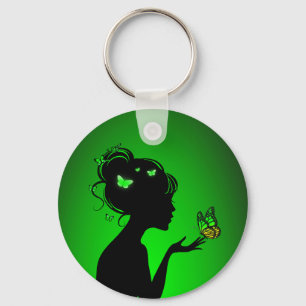 Porte-clés La femme papillons verts Keychain