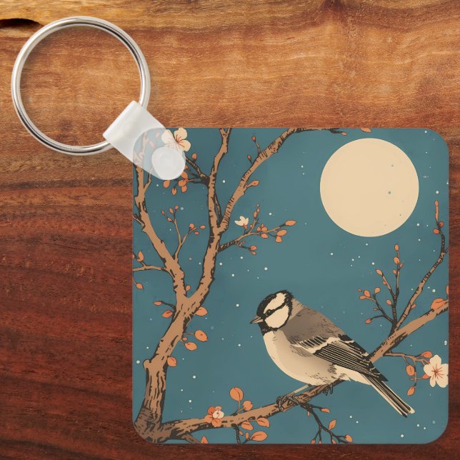 Porte-clés Moonlit Bird on Blossom Branch Keychain (Front)