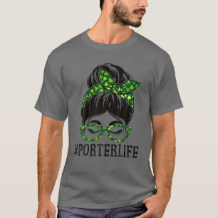 Porter Women Messy Bun St Patrick's Day Shamrock T-Shirt