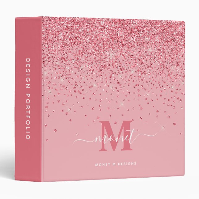 Portfolio Elegant Pink Glitter Monogrammed Name 3 Ring Binder (Front/Spine)