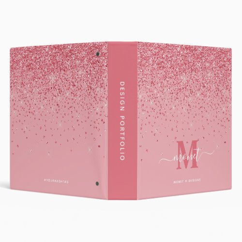 Portfolio Elegant Pink Glitter Monogrammed Name 3 Ring Binder