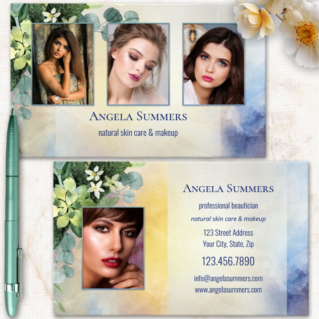 Portfolio Organic Natural Beauty Makeup Artist Business Card (Photo template beauty business card with watercolor flowers and elegant design)