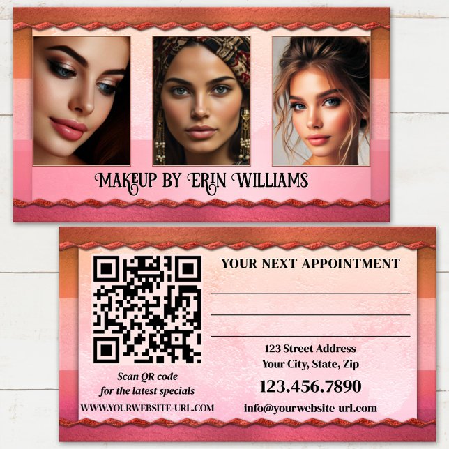 Portfolio Photo Beauty and Makeup  Appointment Card (Chic pink beauty portfolio appointment business card with QR code template)