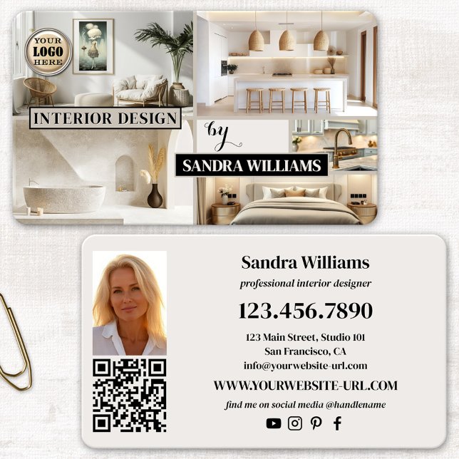 Portfolio Photo Collage Interior Design Business Card (Interior design business card featuring a portfolio photo collage - social media - QR code)
