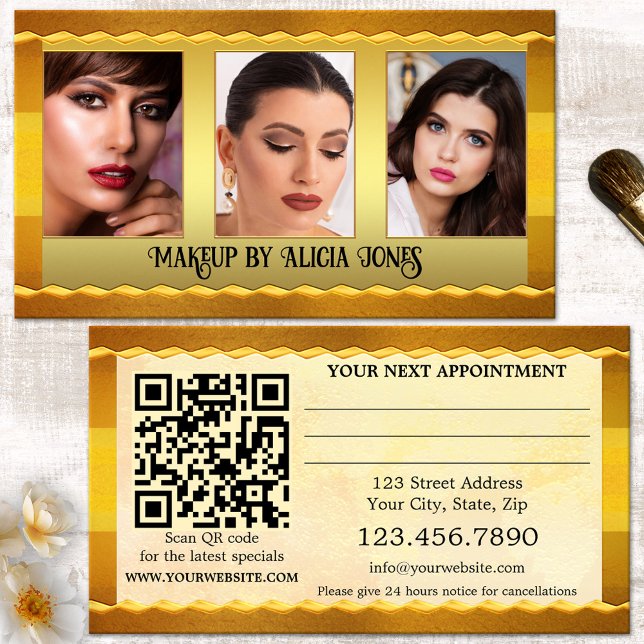 Portfolio Photo Makeup Beauty Appointment Card (Elegant photo appointment business card in gold artistic style with QR code template - makeup artist)
