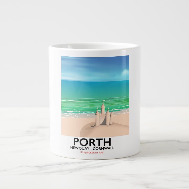 Porth Newquay Sandcastle travel print Large Coffee Mug (Front)