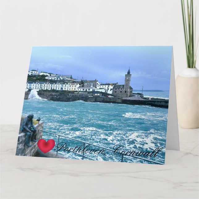 Porthleven Clocktower + Waiting for Fish Sculpture Card (Front)