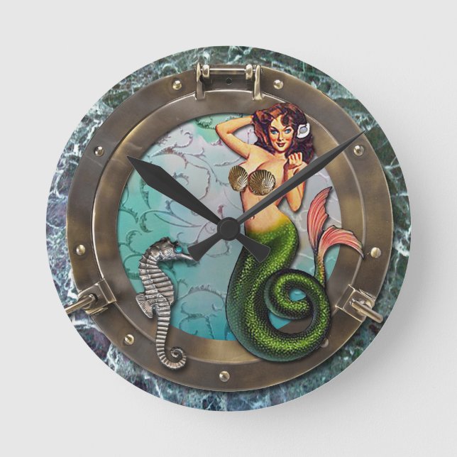PORTHOLE  MERMAID, original art mermaids Round Clock (Front)
