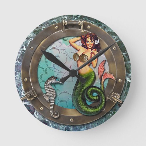PORTHOLE  MERMAID original art mermaids Round Clock