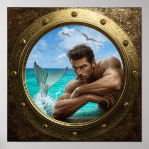 Porthole Poster Featuring Handsome Merman
