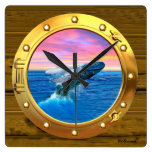 Porthole View of a Breaching Whale Square Wall Clock