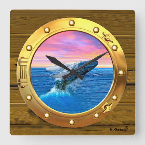 Porthole View of a Breaching Whale Square Wall Clock