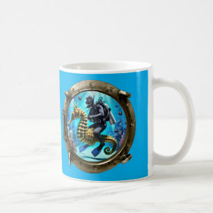 Porthole View of SCUBA Diver Riding a Seahorse URM Coffee Mug